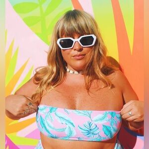 Night Dive Swim Blue and Pink Tropical Padded Bandeau Bikini Top SZ S